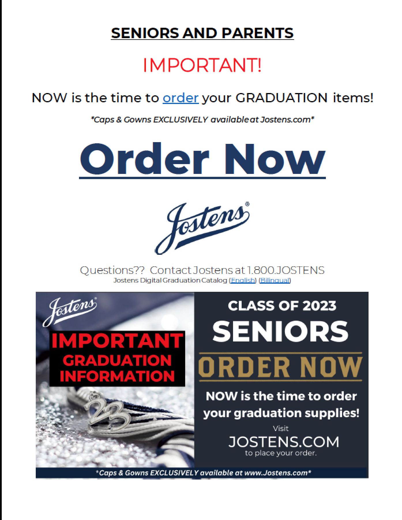  Jostens: SENIOR  Cap and Gown orders!